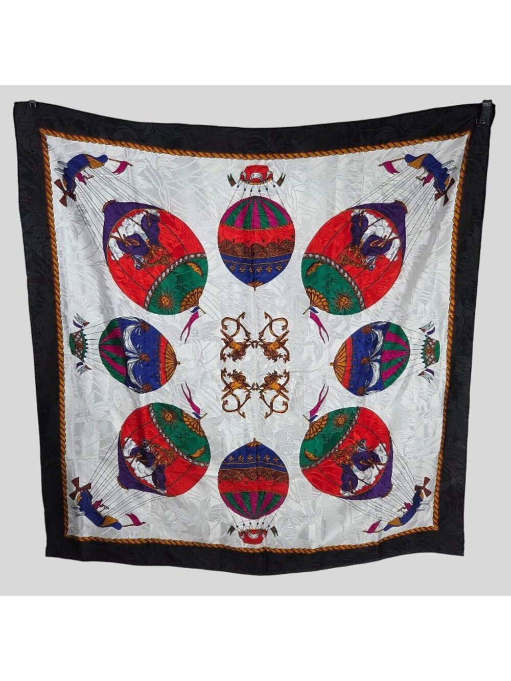 Vintage Hot Air Balloon & Cherub Silk Scarf Black Border White Gold 34" Angels‎